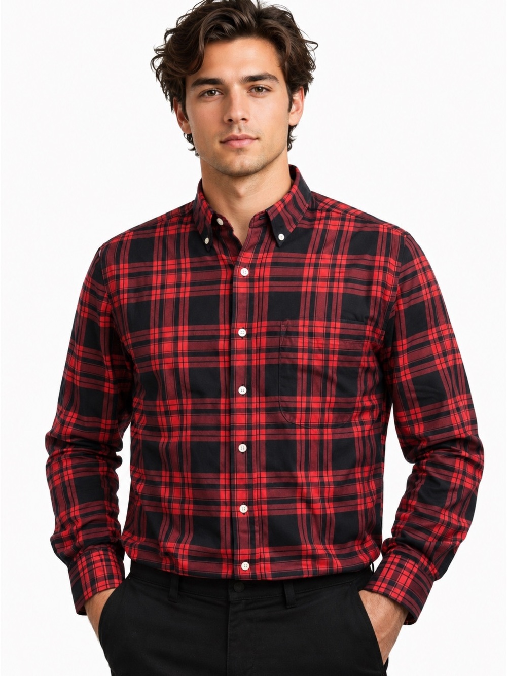 Vintage Viyella Men's Red and Black Plaid Shirt - made in Canada